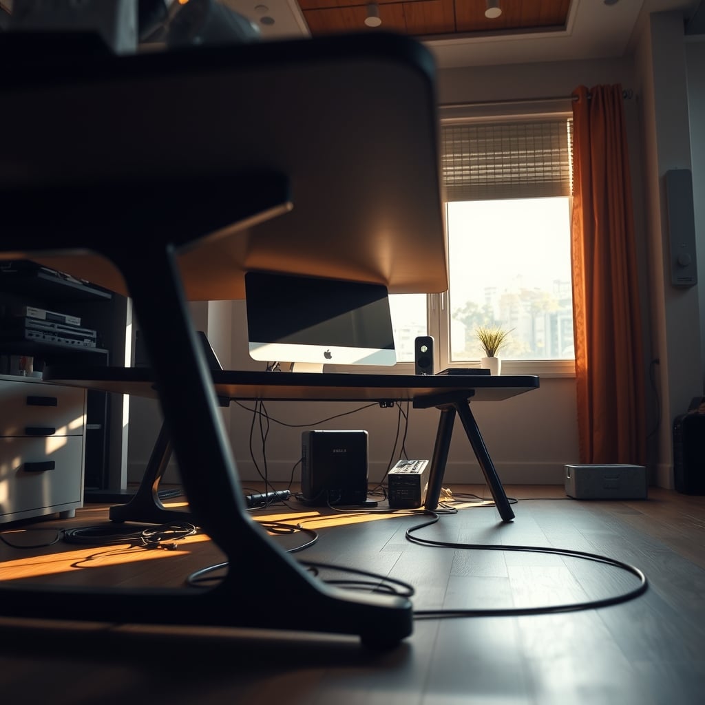 A close-up shot showing tangled cables under a wobbly, unstable desk leg, highlighting common hidden problems with cheap compact desks.