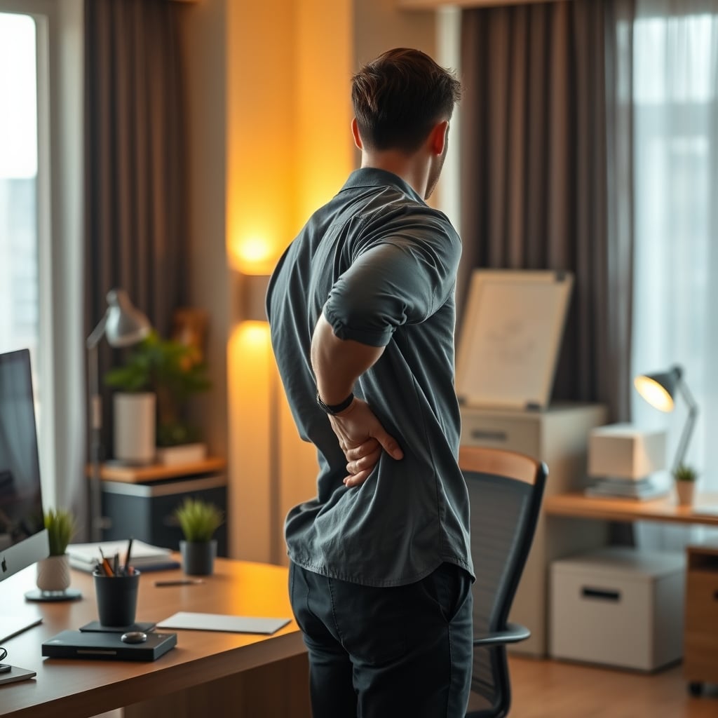 A person standing at a modern desk, displaying poor posture and visible discomfort.