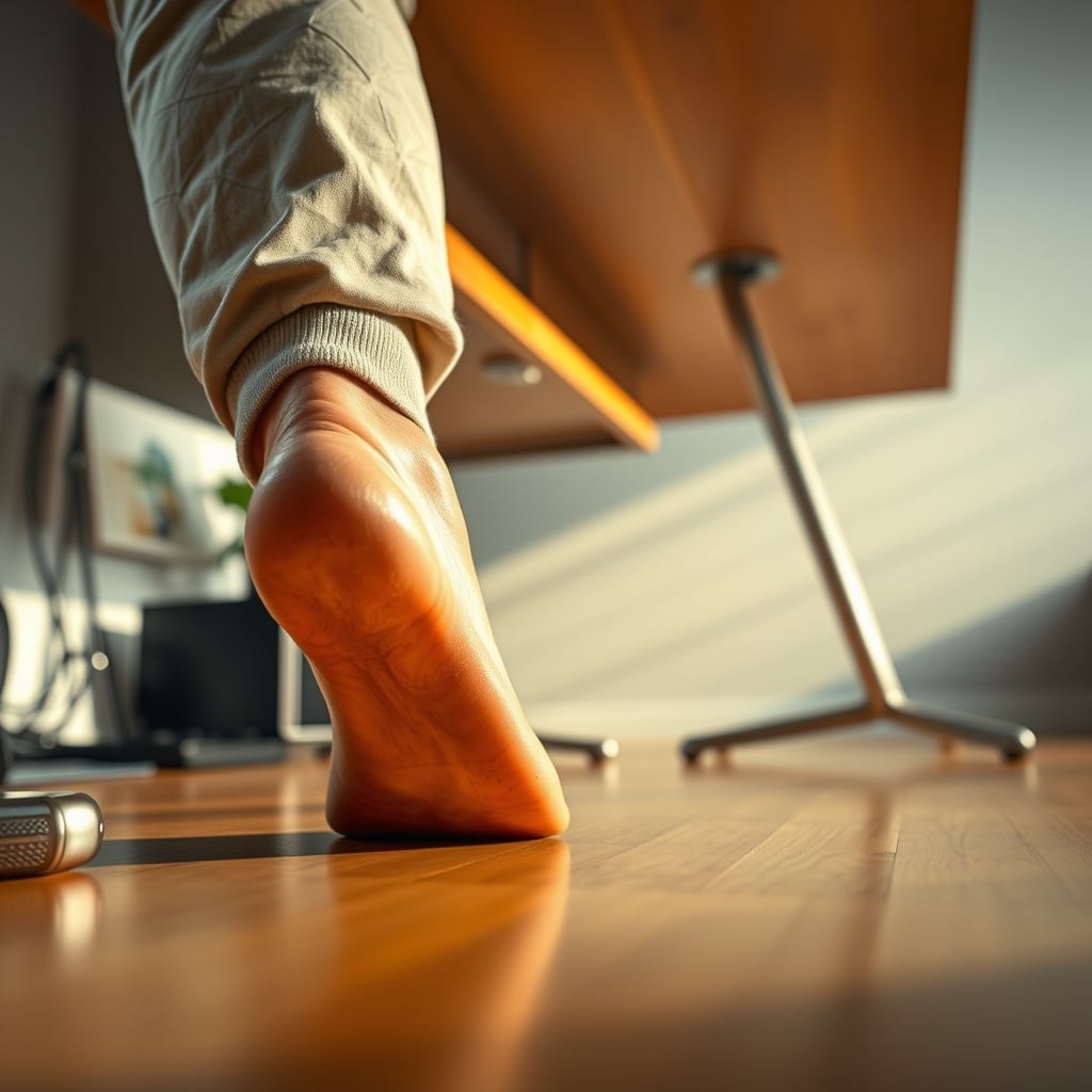 Close-up view of tired feet on a hard floor in front of a standing desk.