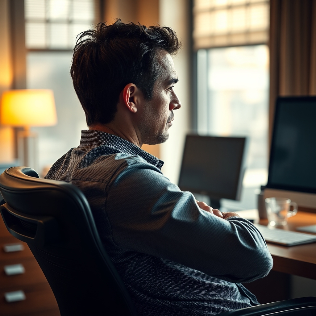 Individual struggling with rigid, 'perfect' posture in an office chair, appearing uncomfortable