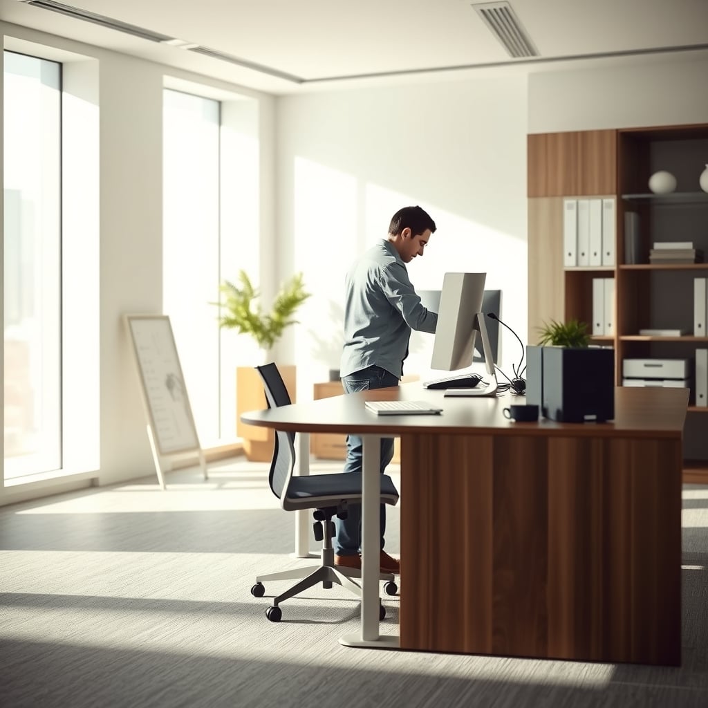 Person dynamically shifting weight on a thick anti-fatigue mat at a standing desk, demonstrating active standing techniques.