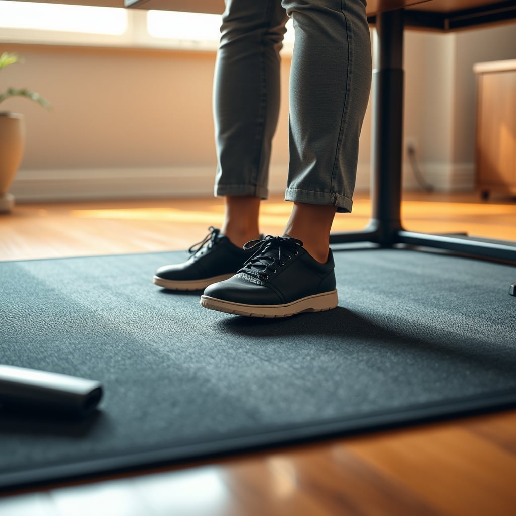 Feet in supportive shoes on a thick anti-fatigue mat at a standing desk, illustrating proper footwear and mat use.