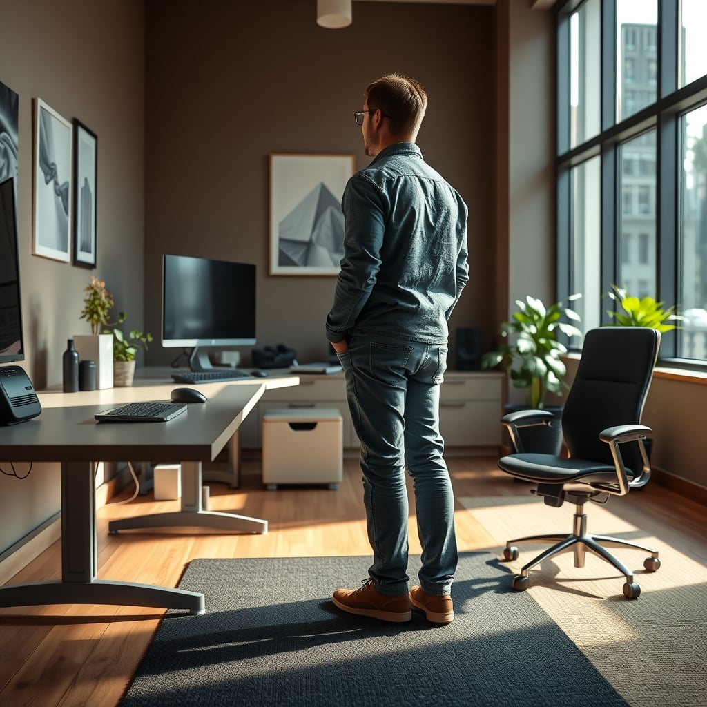Person with feet on anti-fatigue mat under standing desk