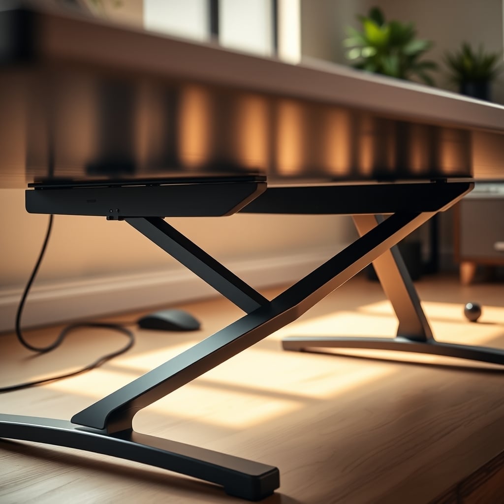 Close up view of a sturdy dual-motor standing desk leg and crossbar