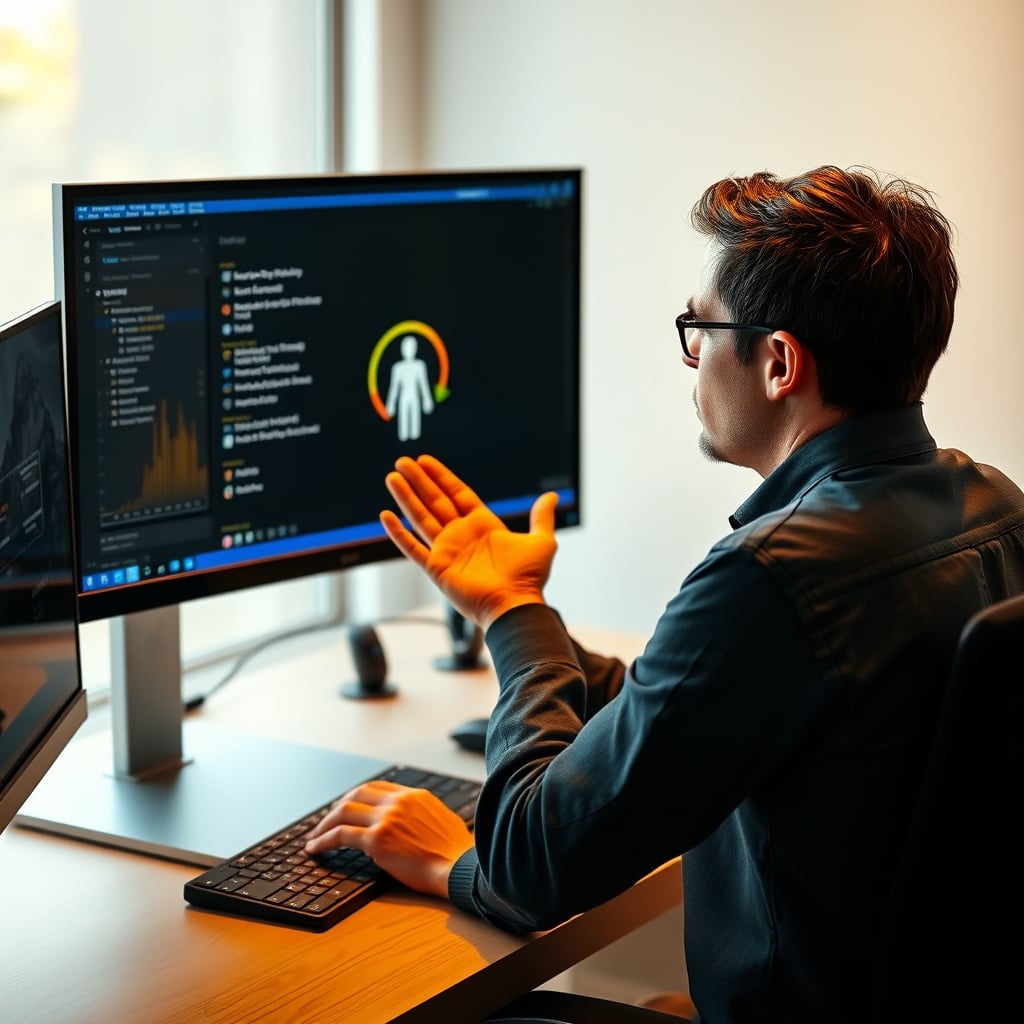 Person looking annoyed at a standing desk touchscreen showing a posture warning