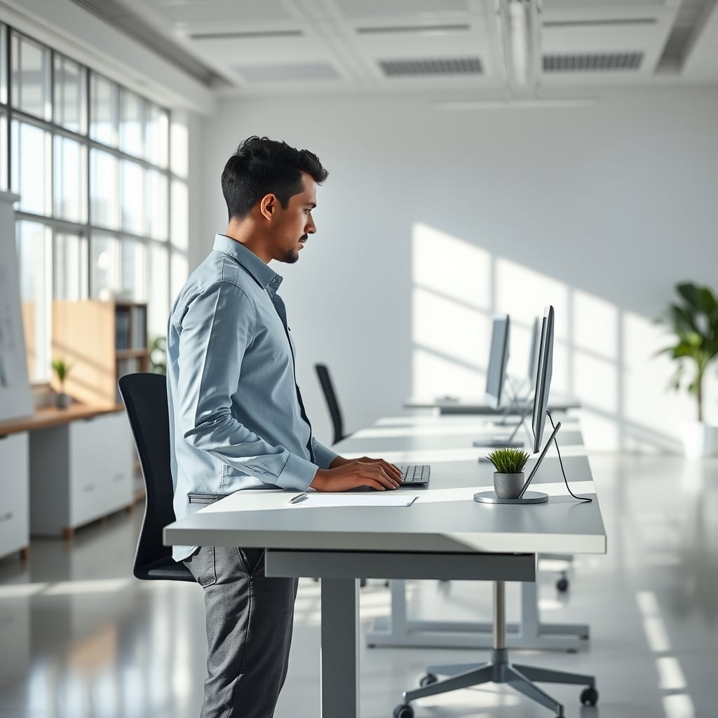 Person at a modern standing desk exhibiting clear back pain and poor ergonomic posture