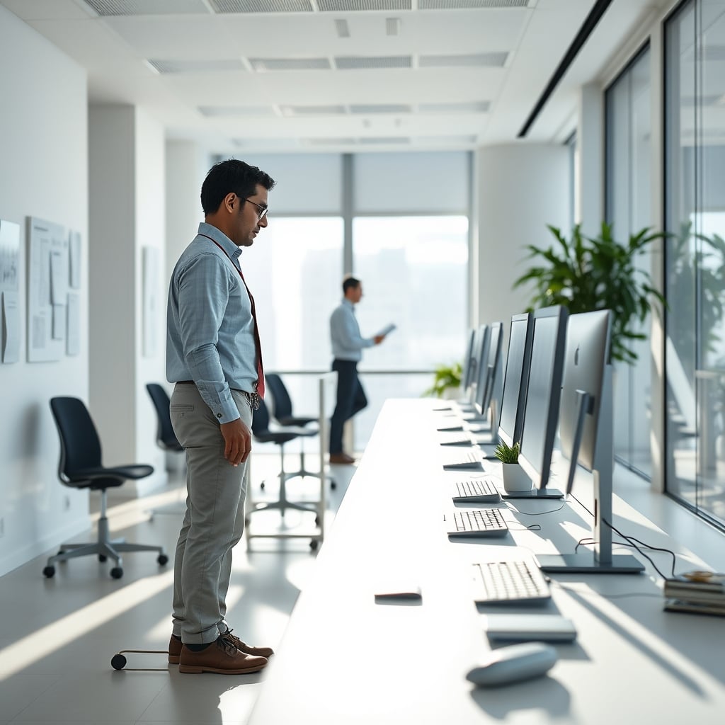 Feet on hard floor in front of standing desk, highlighting lack of support