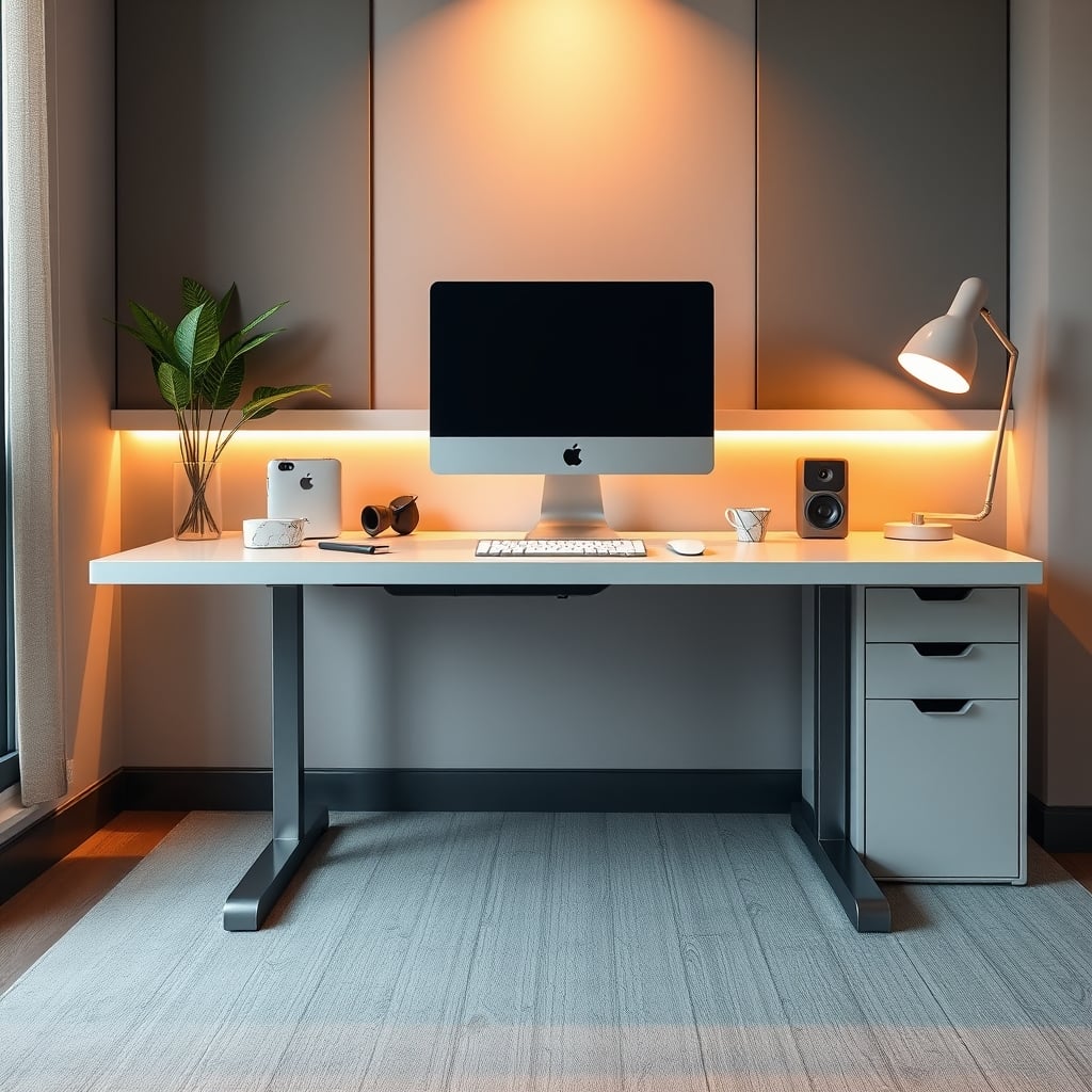 Clean desk setup with a simple footrest bar as an alternative to a mat