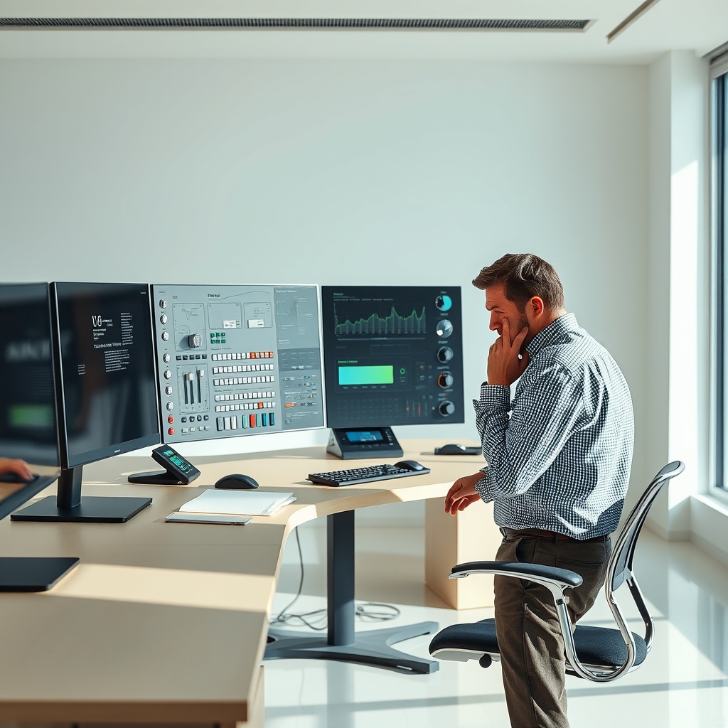 A user looking perplexed at an overly complex standing desk control panel with too many presets.