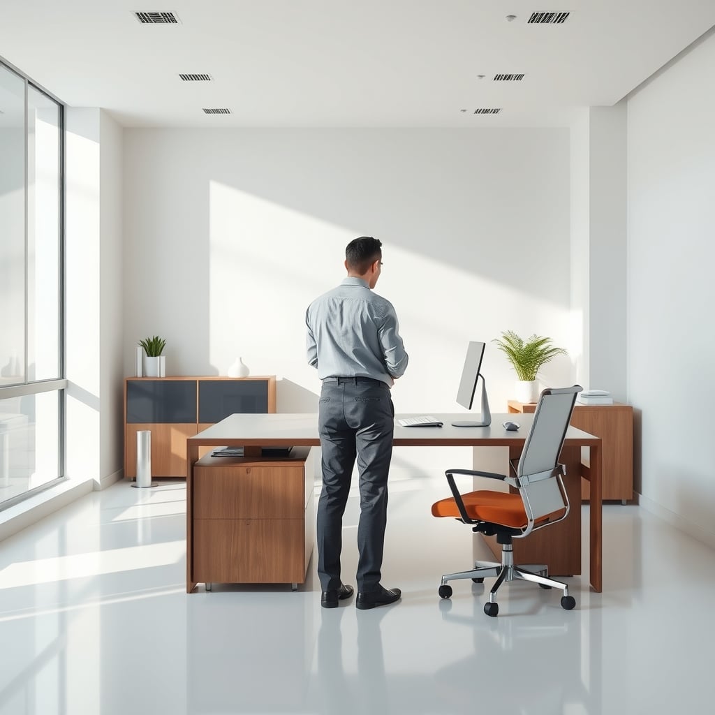 Person actively shifting weight and moving subtly at a standing desk, demonstrating dynamic posture