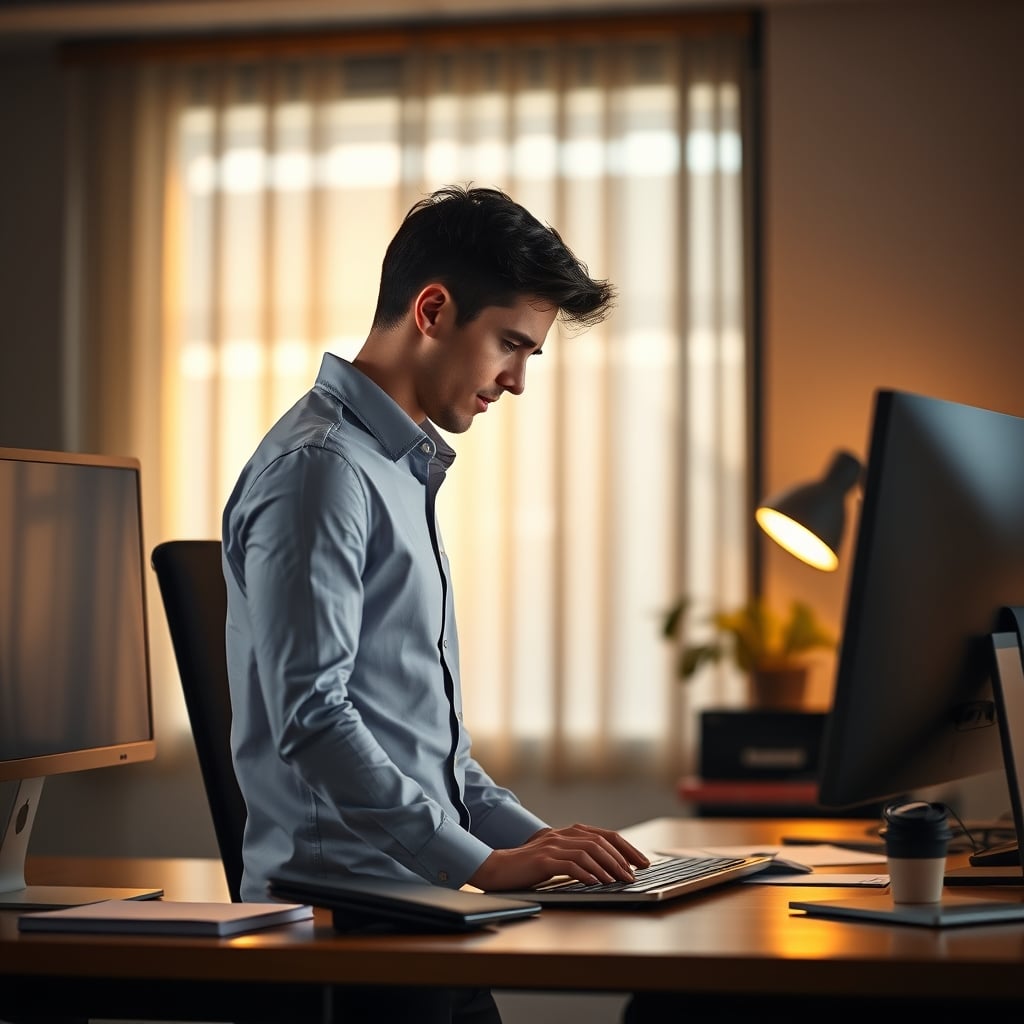 Person rigidly standing at a desk, illustrating poor, static posture