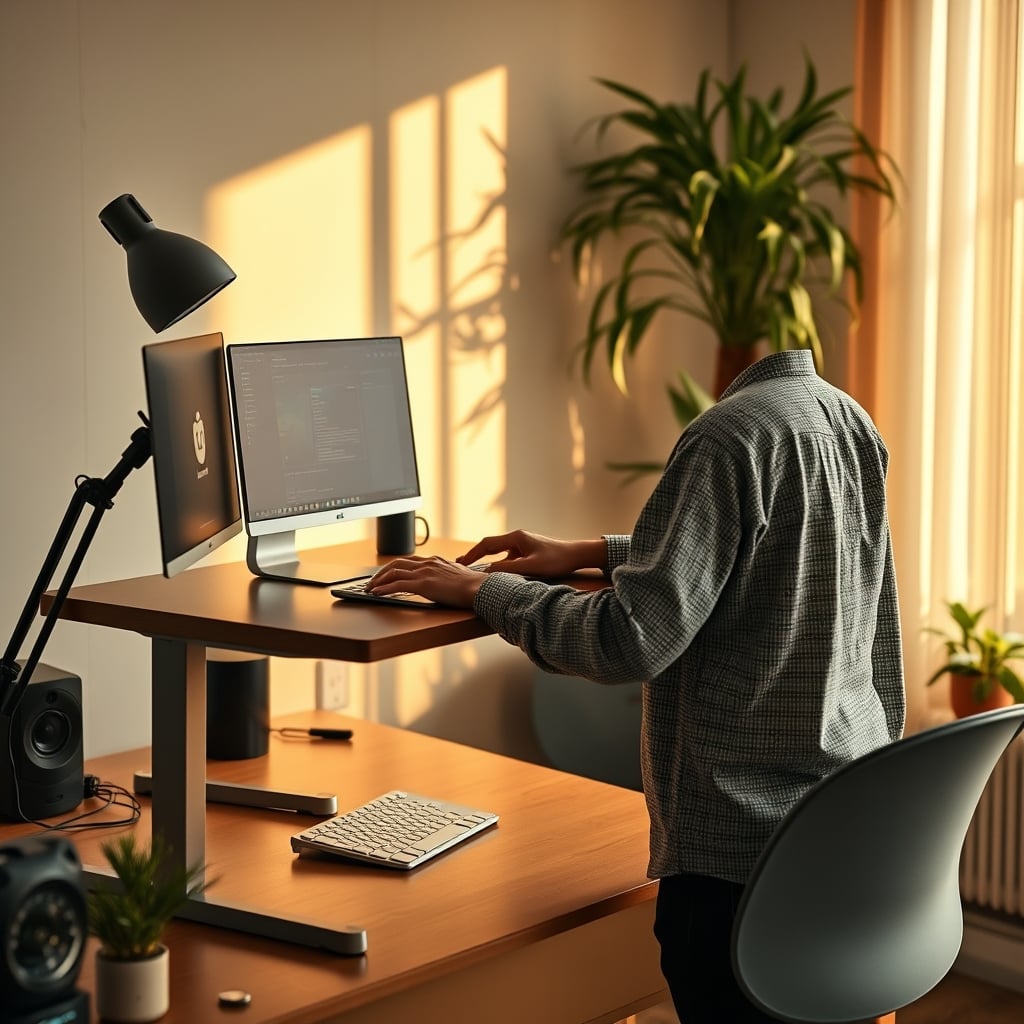 Standing desk at maximum height with no monitor wobble during typing