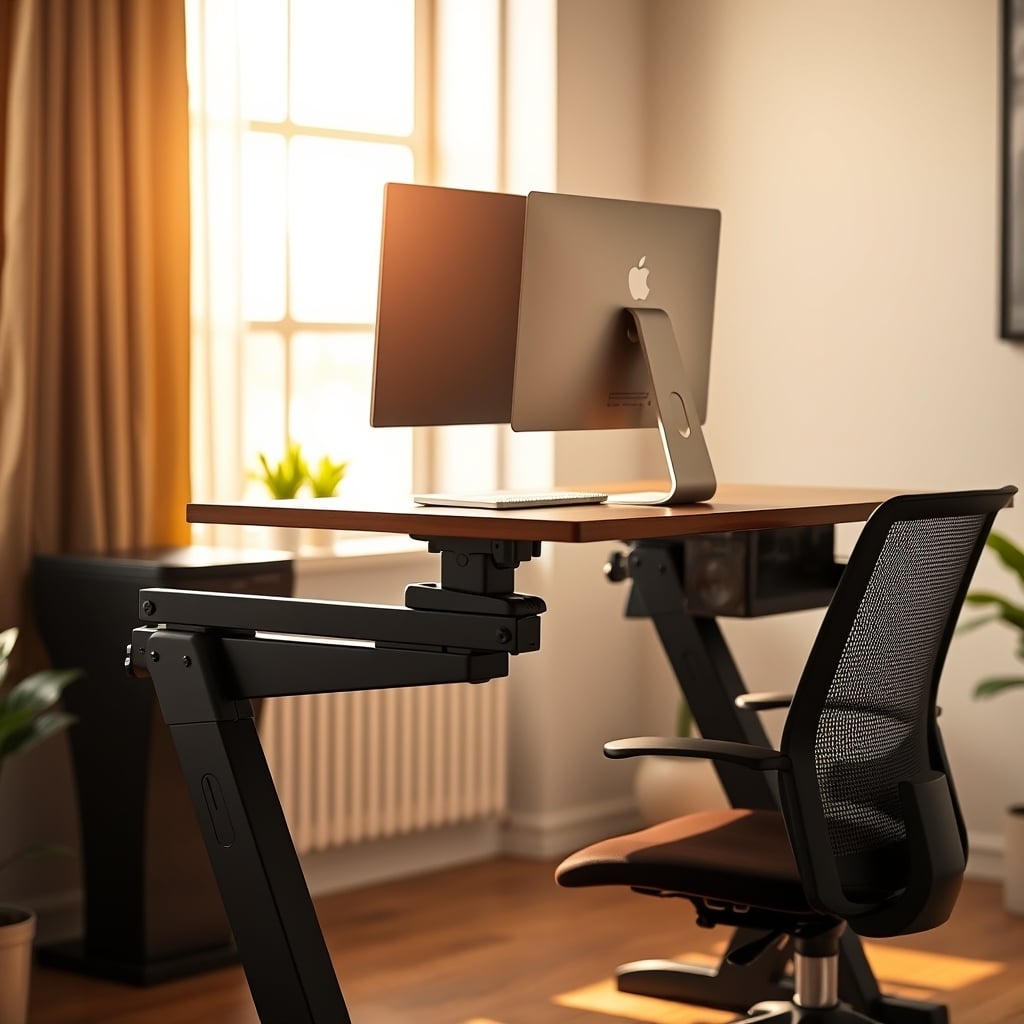 Person smoothly adjusting manual standing desk with hand crank mechanism