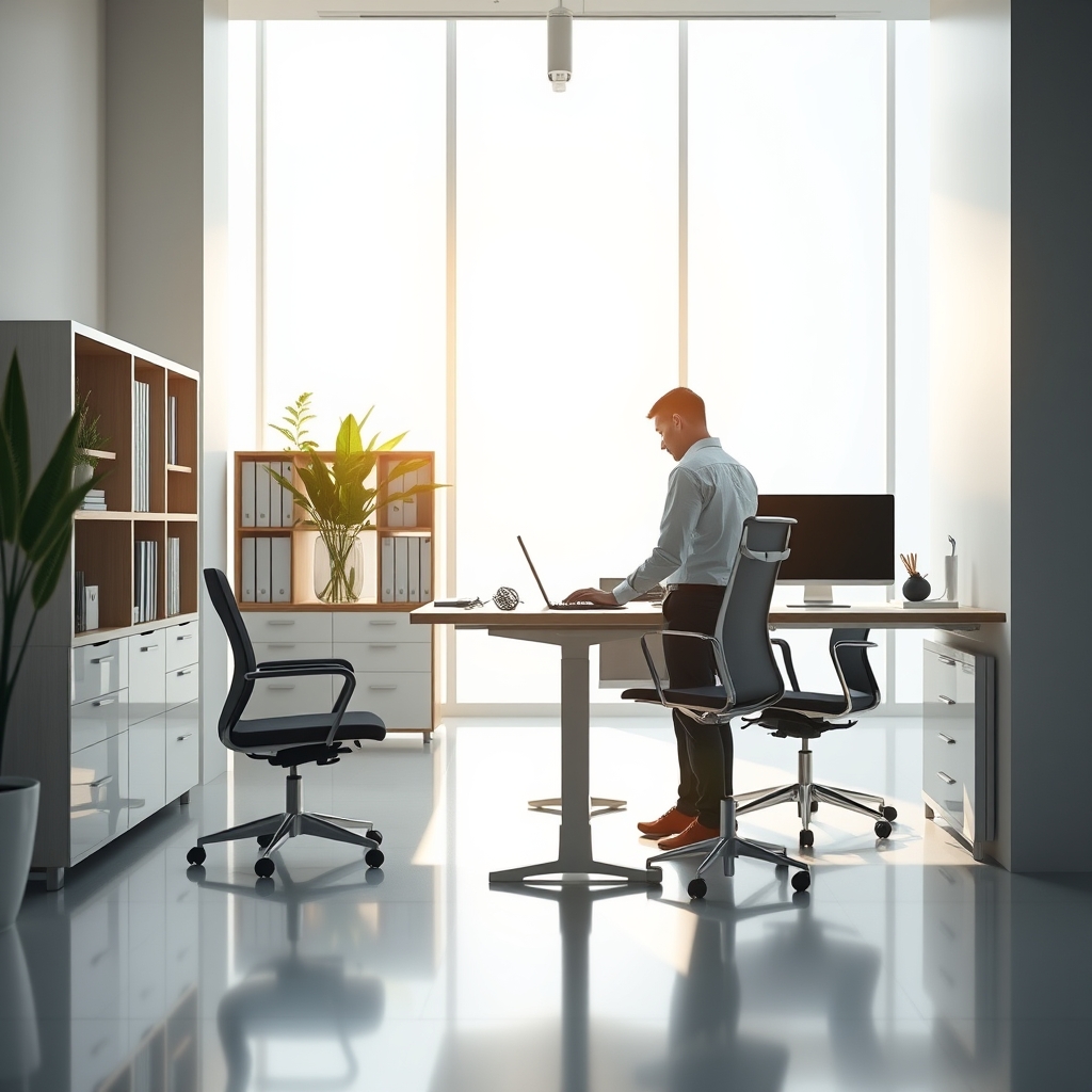 High-tech standing desk showing slight wobble from precision equipment like a monitor arm, blurring the screen slightly during a stability test.