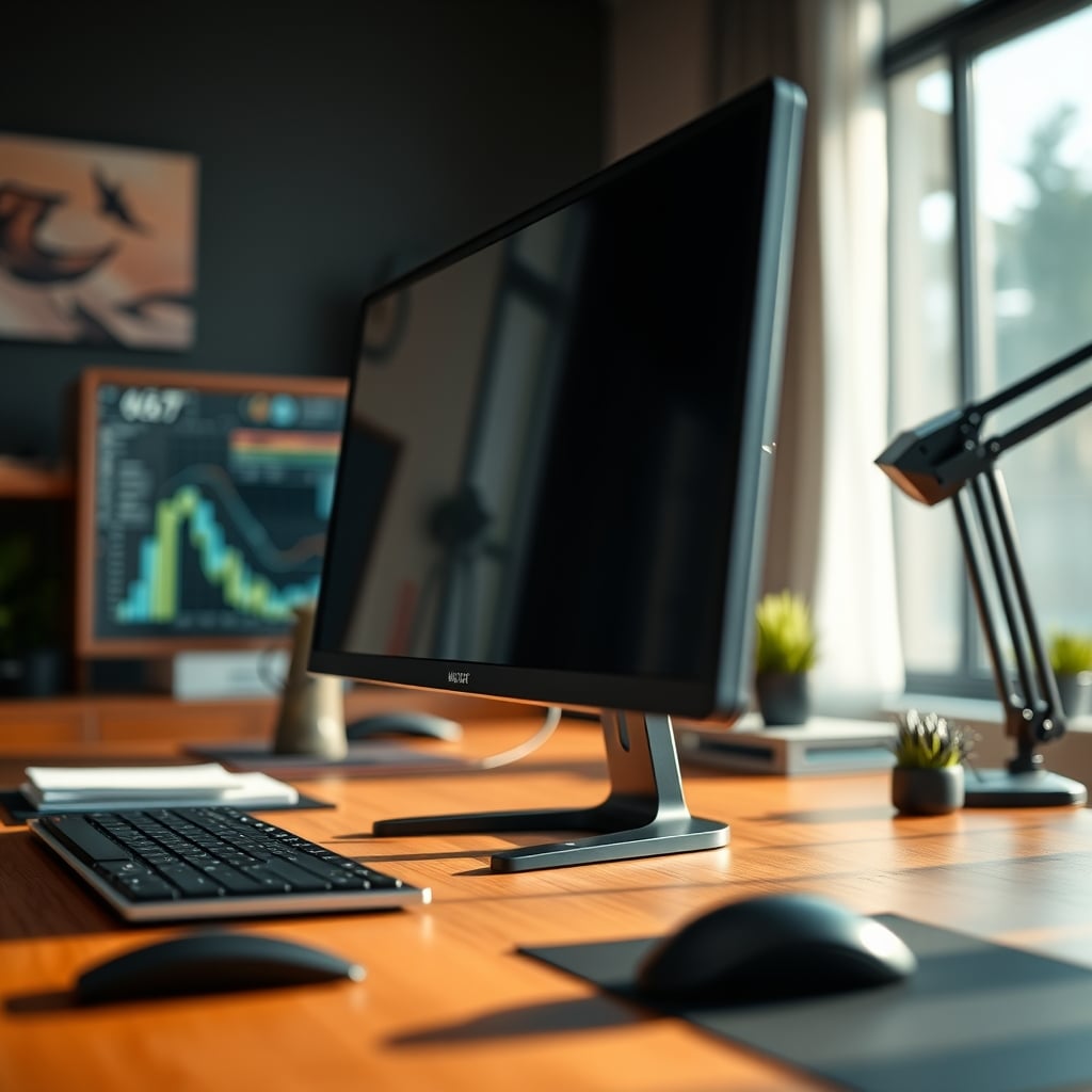 Close-up of a computer monitor shaking visibly due to an unstable standing desk frame.