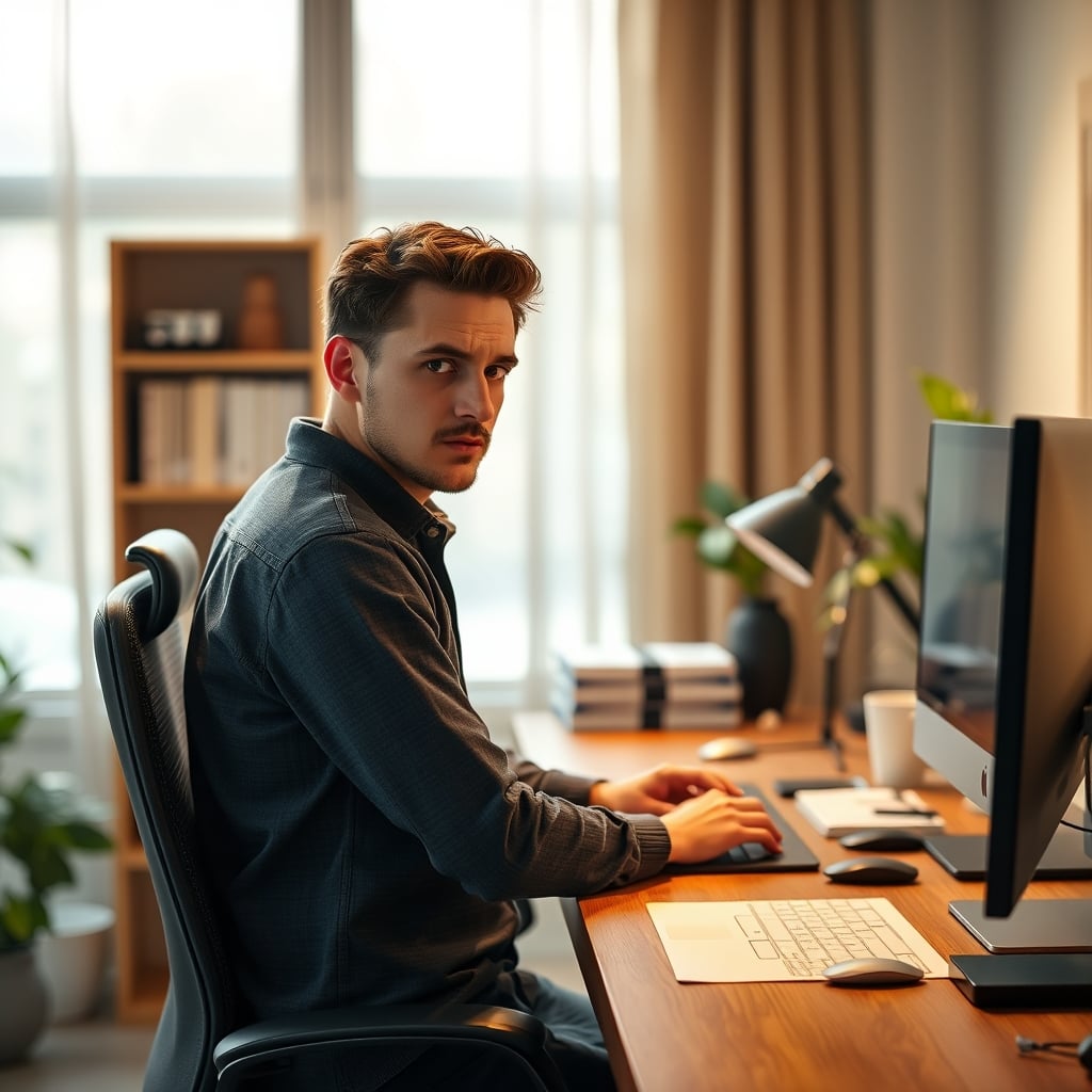 A person slouching and looking at their phone while leaning on a standing desk, showing the reality versus the marketing fantasy.
