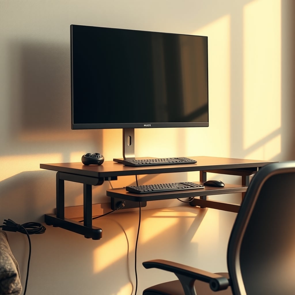 Rear view of a raised standing desk with a wall anchor strap and a slack cable bundle under the top
