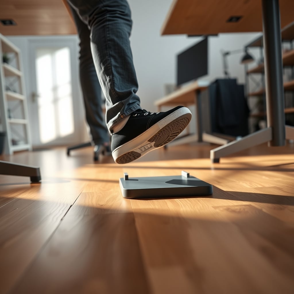 Close-up of a height adjustable desk leveling glide resting on a hardwood floor with a spirit level beside it