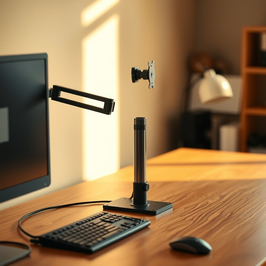 Monitor arm clamp mounted to a thin desk top with a metal reinforcement plate distributing the load underneath