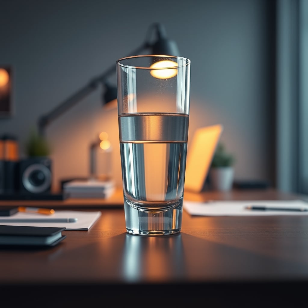 A glass of water on a standing desk showing visible ripples from wobble, contradicting marketing imagery.