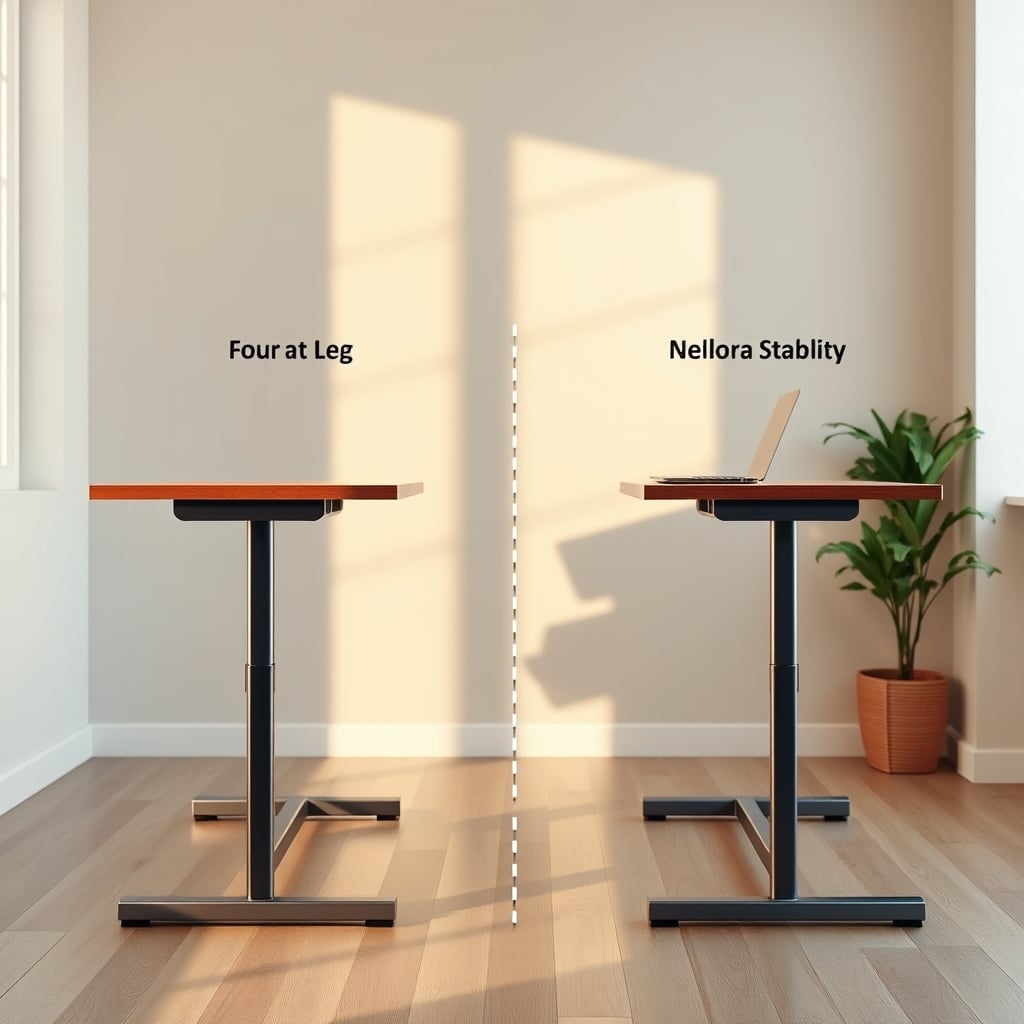 Diagram comparing the lever effect of a two-leg desk to the table-like support of a four-leg desk.