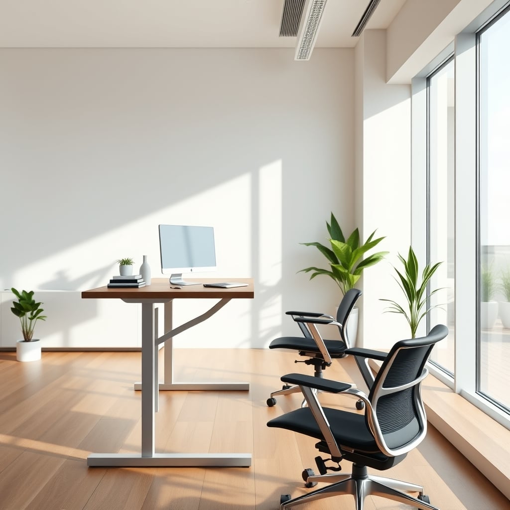A clean, minimalist, and ergonomic home office with a standing desk, monitor arm, and quality chair.