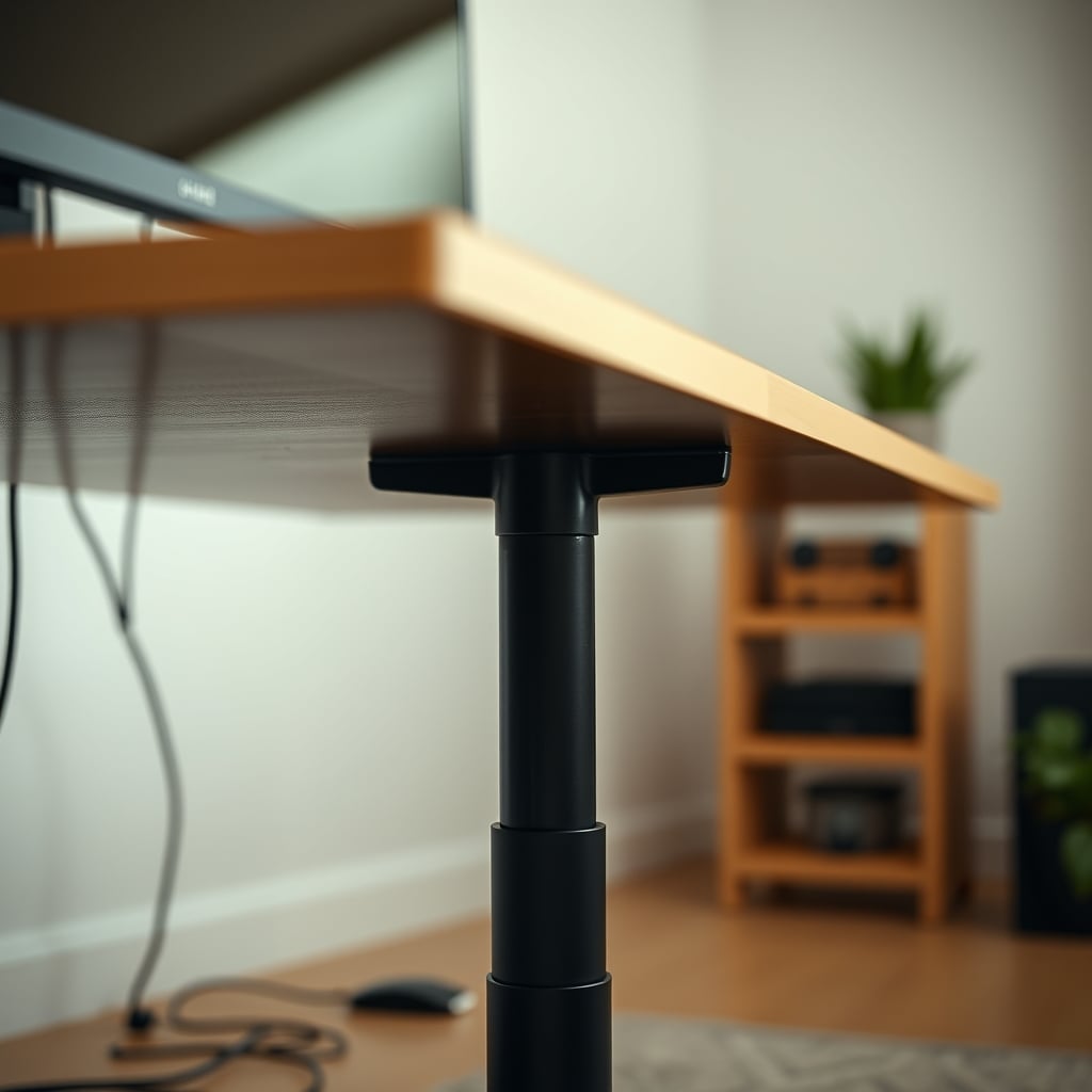 Close-up view of a thick, industrial-grade standing desk leg and crossbeam, showcasing build quality and stability.