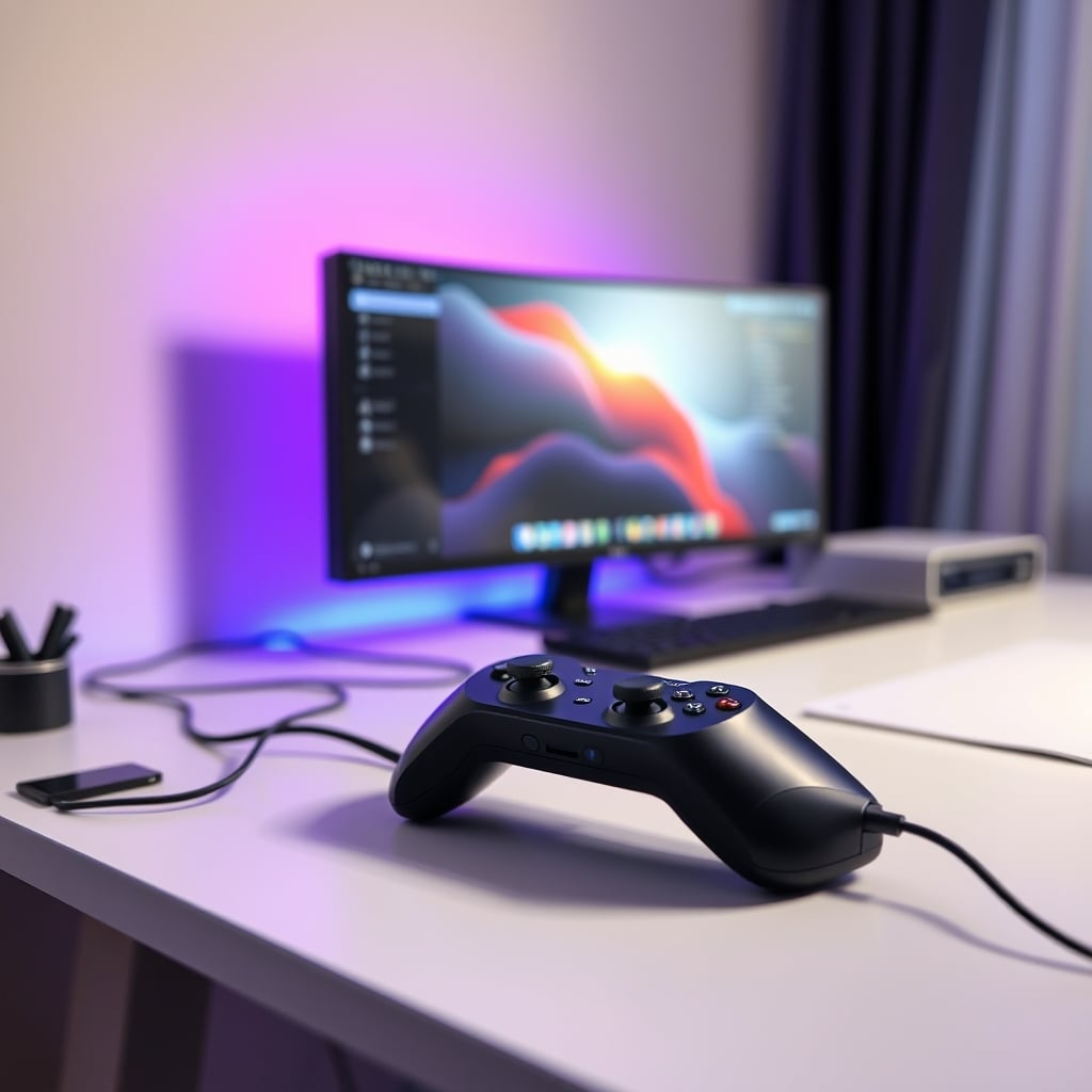 A wired Logitech F310 gamepad sitting on a modern desk, illustrating its use as a DIY stream controller alongside a keyboard and mouse.
