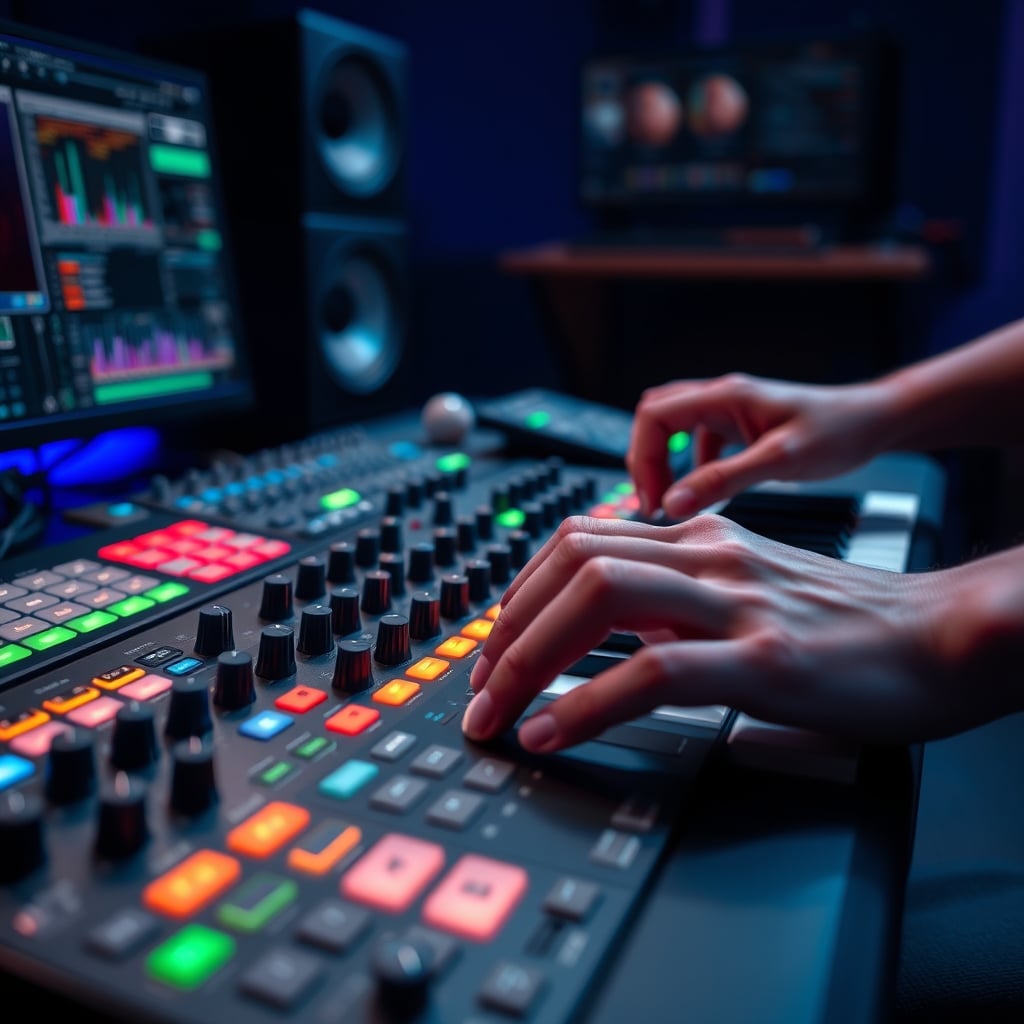 Close-up of hands using knobs and pads on a MIDI controller during a stream