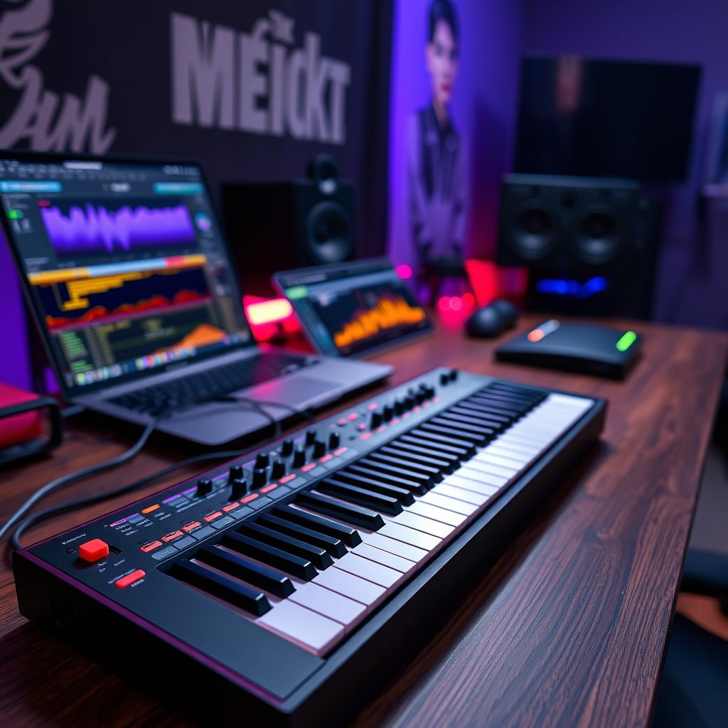 A clean desk with a MIDI keyboard, laptop showing OBS, demonstrating a simplified setup