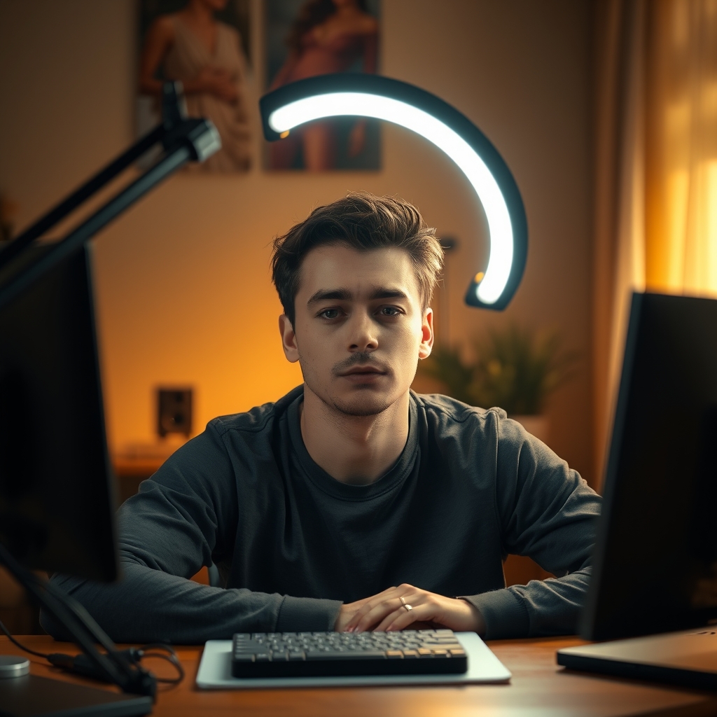 Person looking flat and unnatural under harsh ring light, showing common YouTuber lighting mistakes.