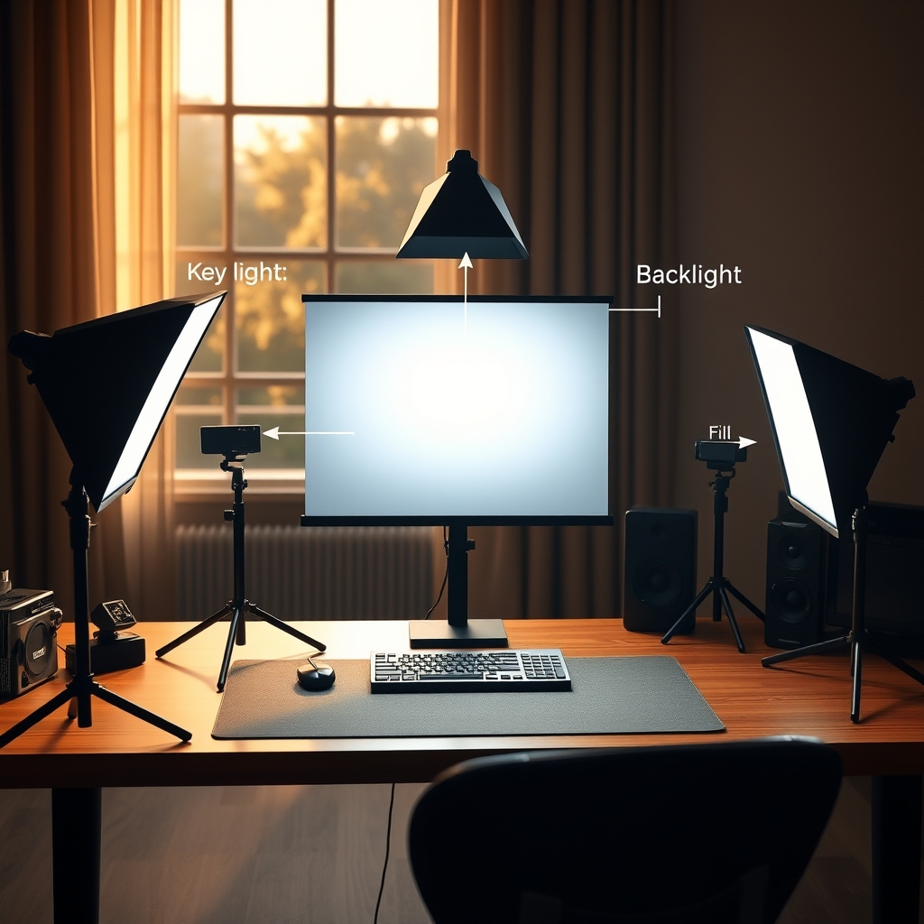 Diagram illustrating a professional three-point lighting setup for video, showing key, fill, and backlights.
