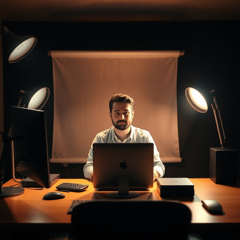 YouTuber with an unlit background, showing how a lack of background lighting flattens the scene and makes the subject blend in.