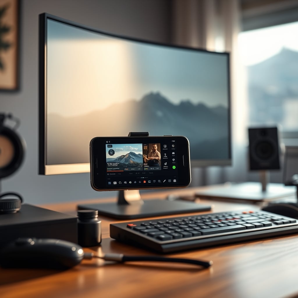 An old smartphone running a stream control app like Touch Portal, mounted next to a monitor.