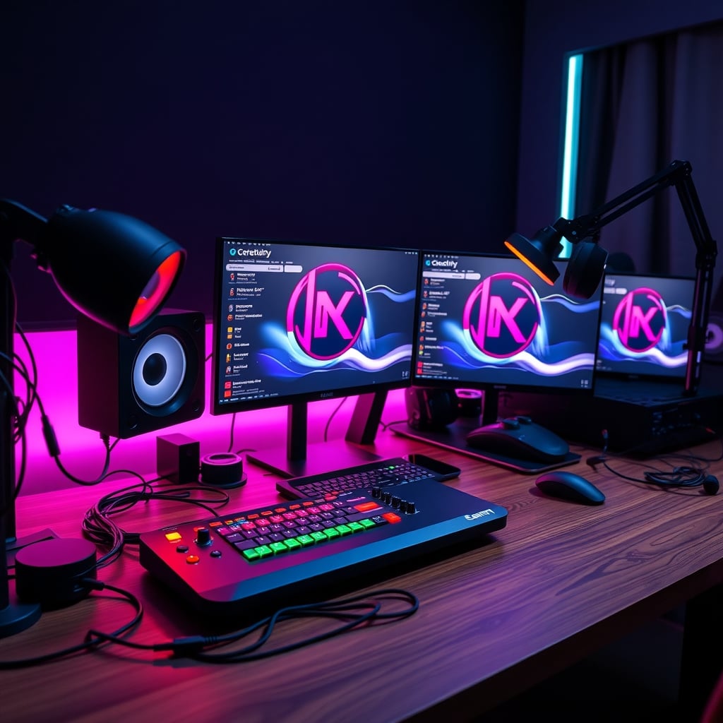 Streaming desk with a programmable controller, powered USB hub, and tidy cable routing underneath