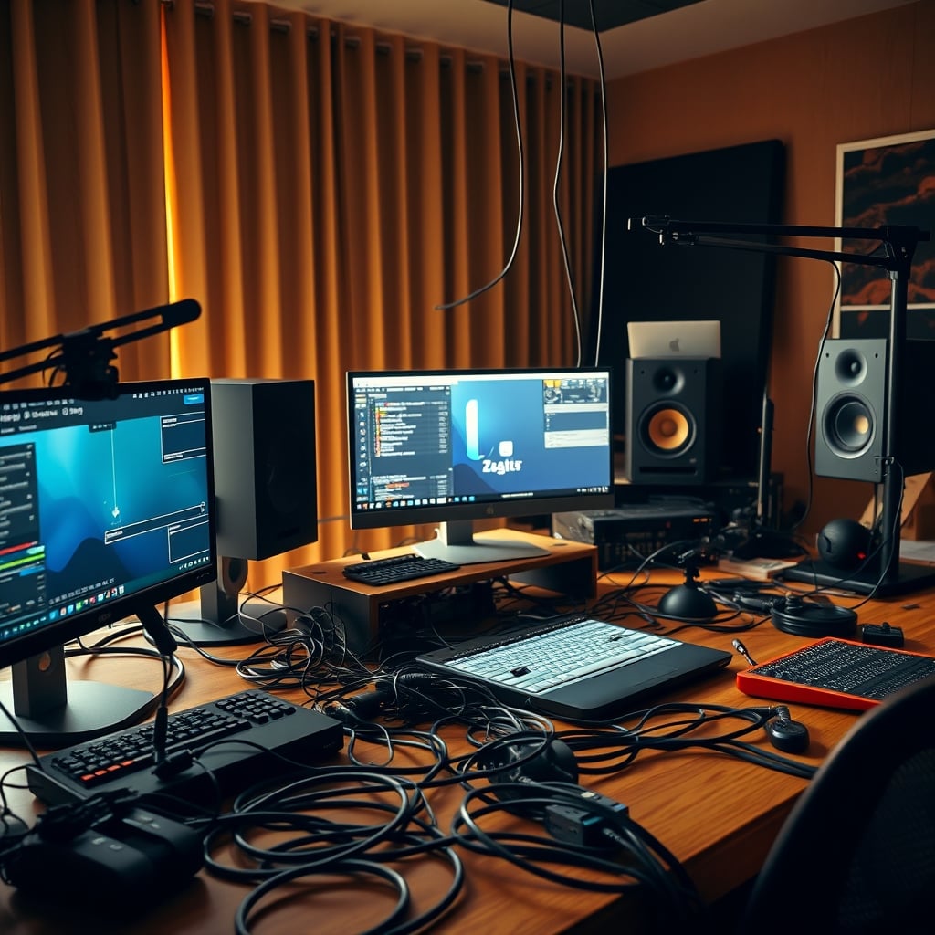 A cluttered desk showcasing an overly complex and tangled streaming audio setup