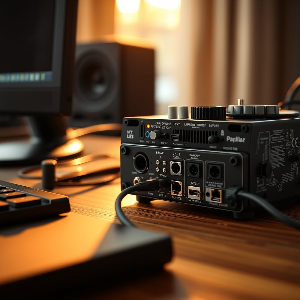 A USB audio interface plugged directly into a motherboard's rear I/O panel, avoiding USB hubs