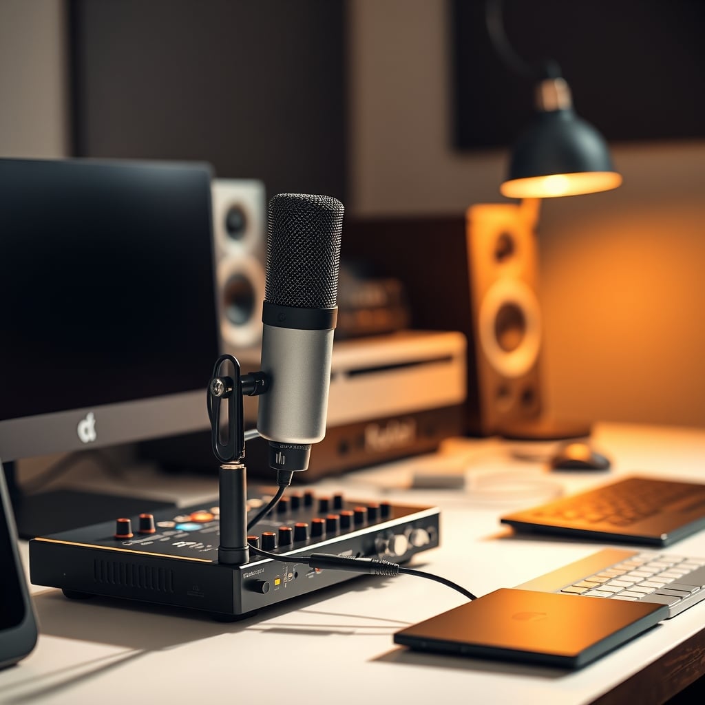A single XLR microphone connected to a simple, two-input audio interface on a minimalist desk.
