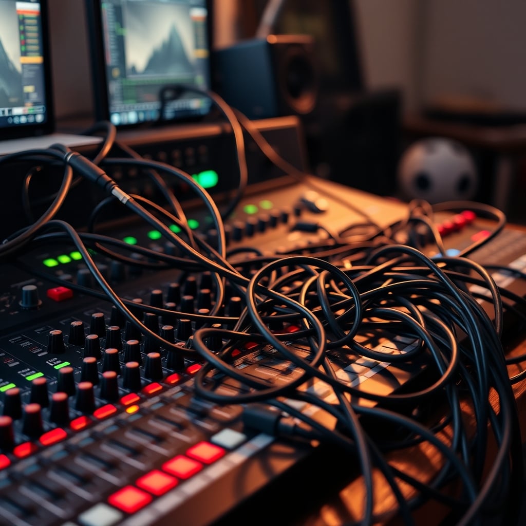A complex, expensive streaming mixer with tangled cables, symbolizing unnecessary audio routing complexity.