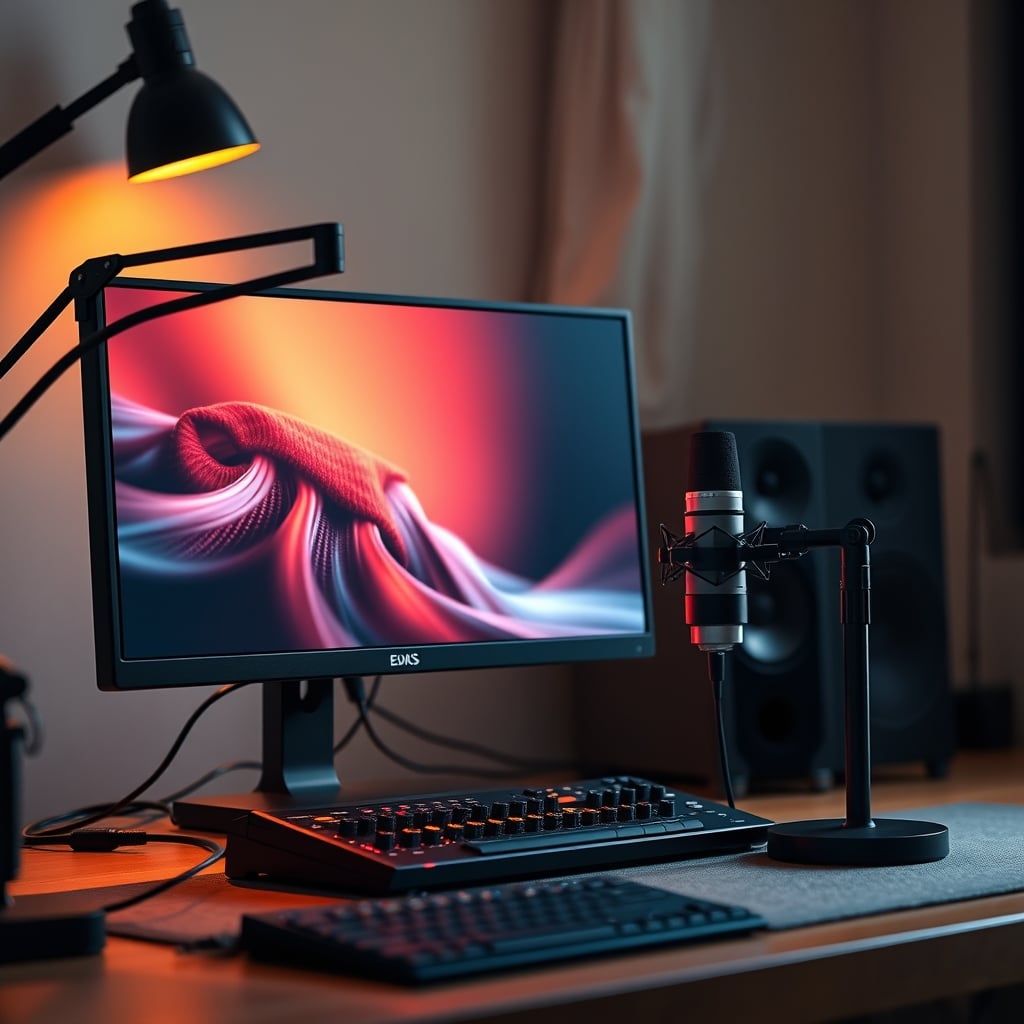 A clean, effective streaming setup with a single interface, microphone, and good lighting.