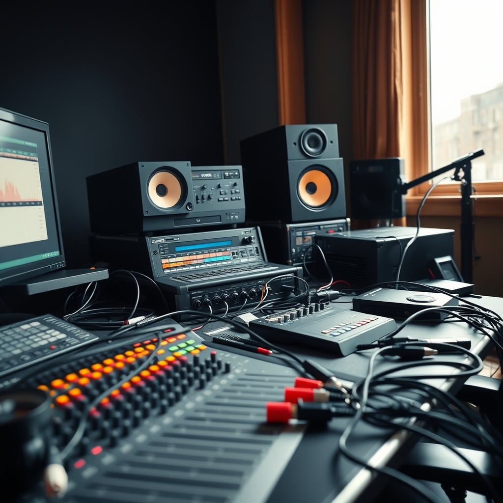 A chaotic streaming desk overloaded with unnecessary audio gear, representing overcomplicated setups.