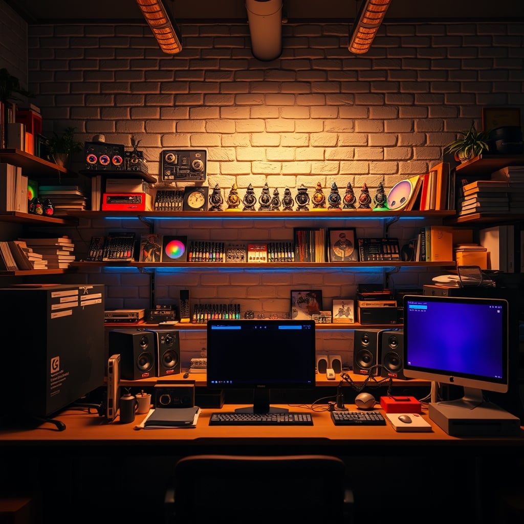 A cluttered, fixed physical streaming backdrop with shelves, toys, and RGB lighting, representing a static, trapped setup.