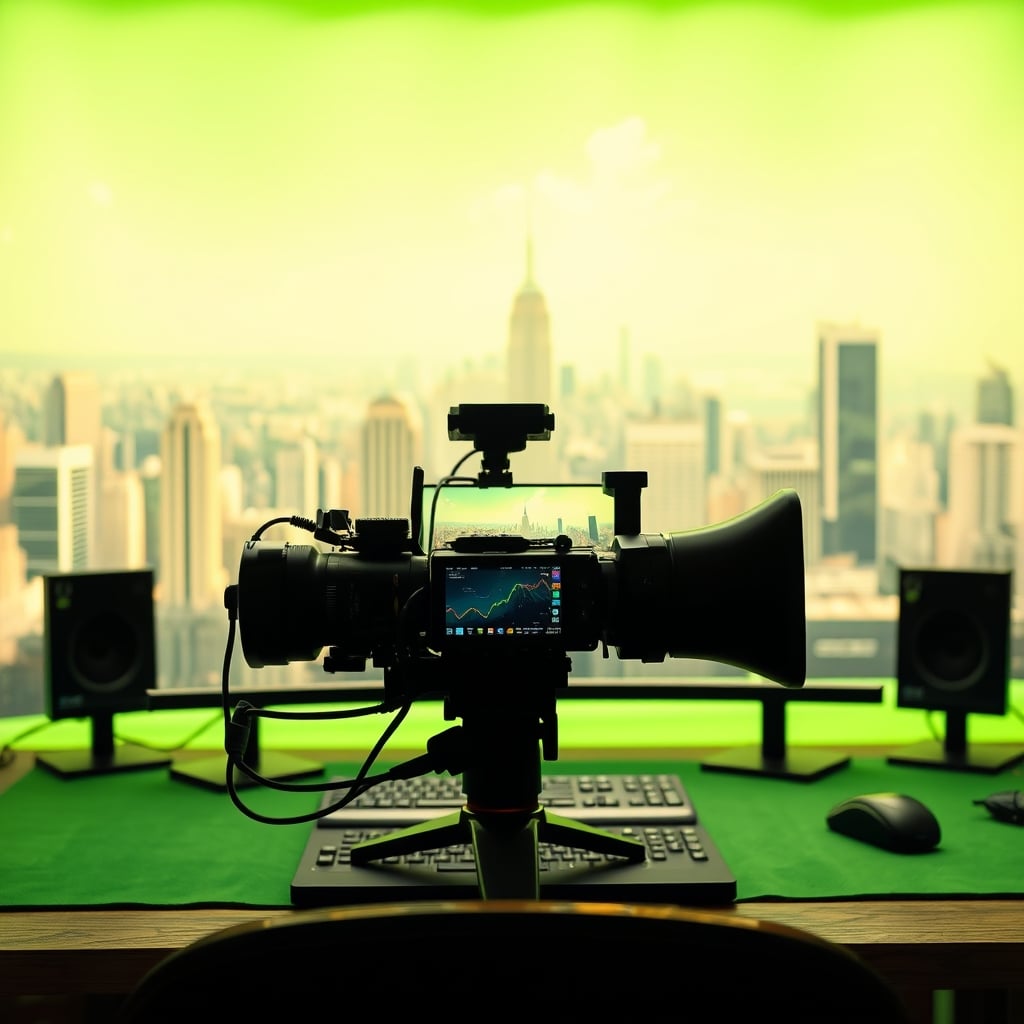 A streamer in a clean setup with a green screen behind them, replaced digitally with a futuristic cityscape.