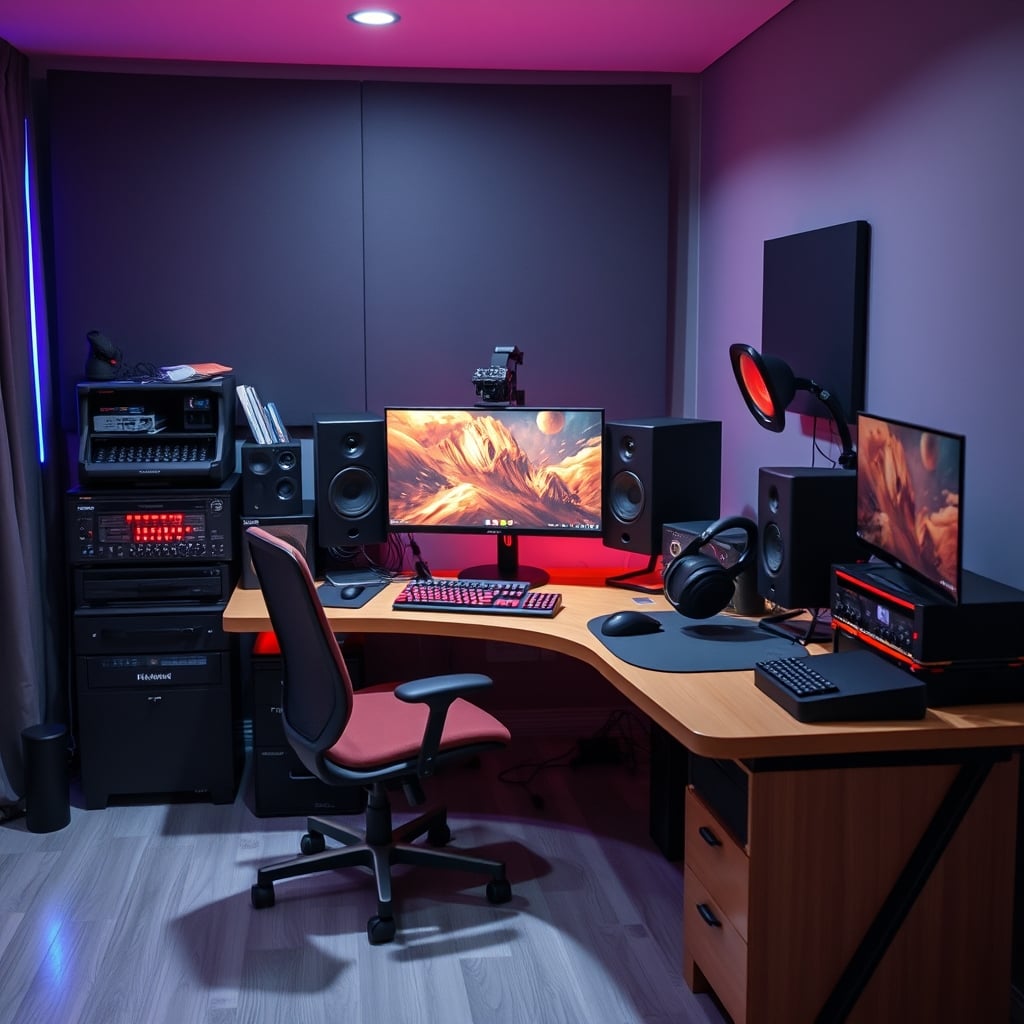 A minimalist streamer desk with only essential gear versus a cluttered desk full of expensive, unused controllers.