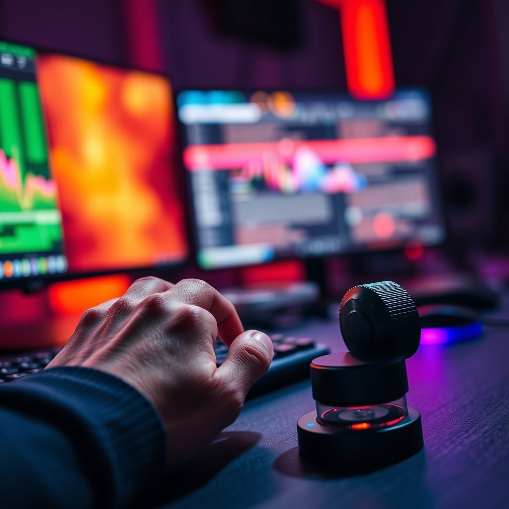 Close-up of a streamer's hand using a small 3-key macro pad and a separate USB dial knob.