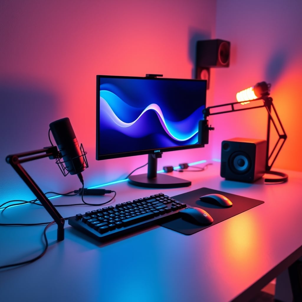 A minimalist, effective streaming desk with only a keyboard, mouse, microphone, and monitor