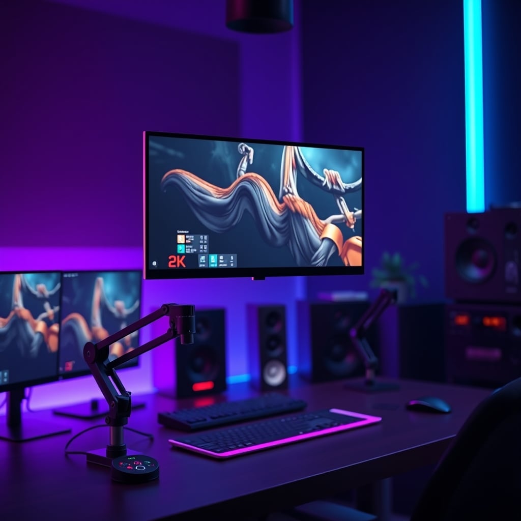 A Stream Deck mounted on a VESA accessory tray attached to a monitor arm, floating in an optimal position for easy, relaxed access.
