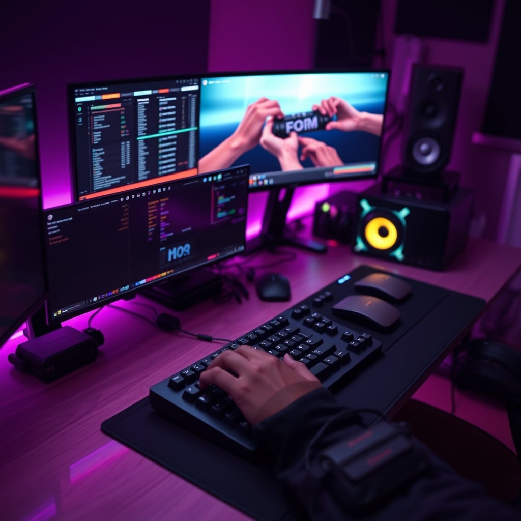 Overhead view of a cluttered desk with a Stream Deck positioned too far from the keyboard, illustrating poor ergonomic placement.