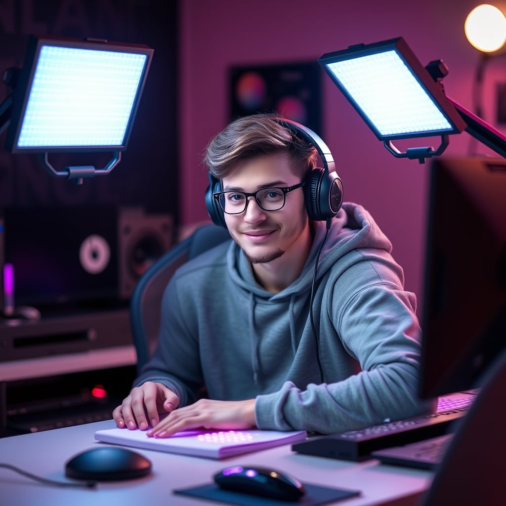 A streamer using a proper two-point lighting setup with LED panels.