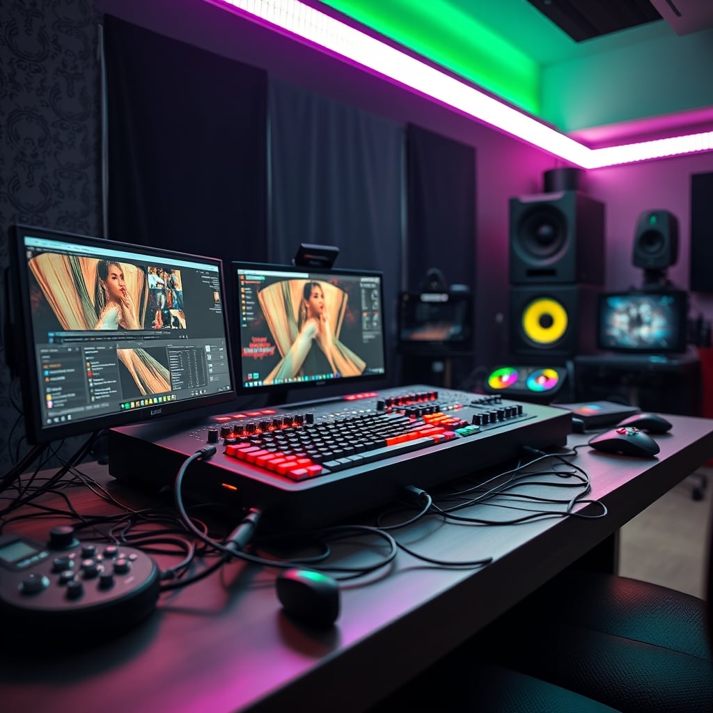 An ironic streaming setup with an expensive Stream Deck surrounded by poor lighting and tangled audio cables.